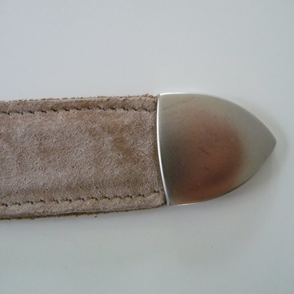 SAND CASTLE VINTAGE TAN GENUINE SUEDE CHROME MAT BUCKLE MINIMALIST WOMEN BELT M - Picture 4 of 4